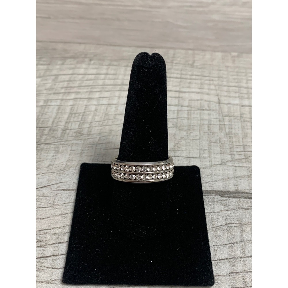 Silver Tone Double Row Crystal Band Ring Size 10.25 Shimmering Eternity Style